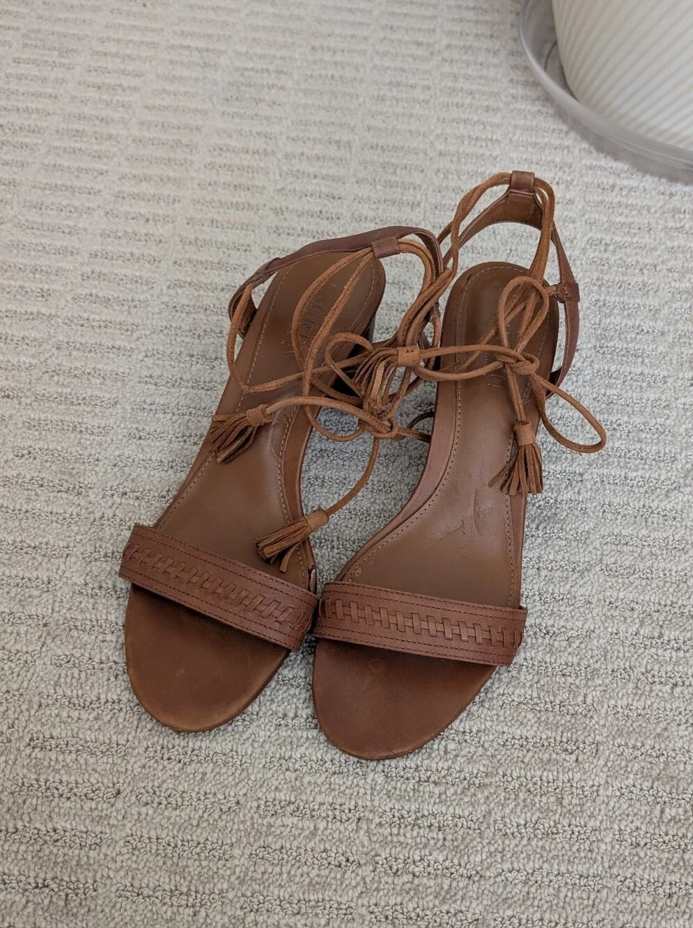 Ralph Lauren Cognac Leather Ankle-Tie Block Heel Sandals 9.5